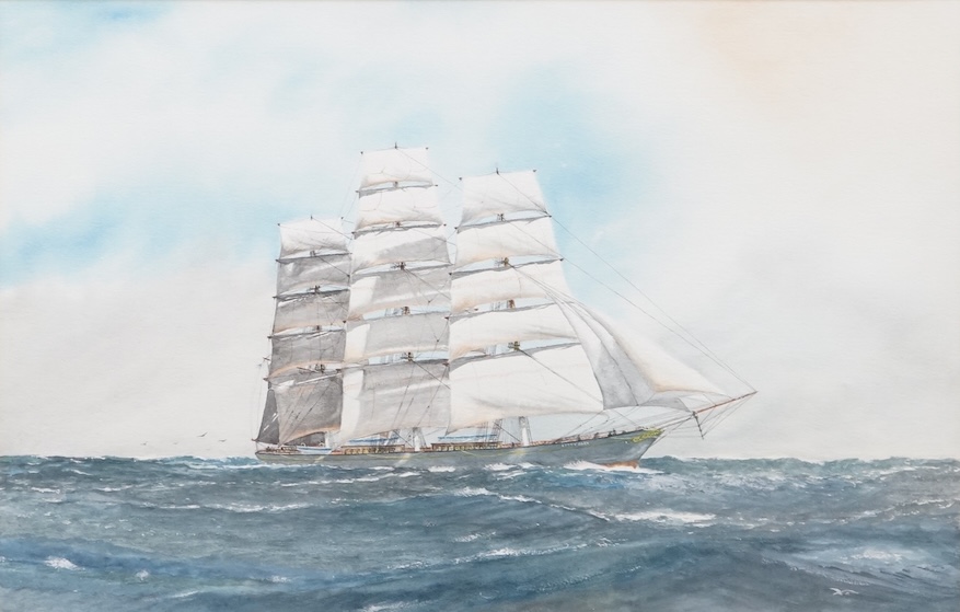 J Dawes-Broadhouse, watercolour, Study of the Cutty Sark, signed, 35 x 54cm.